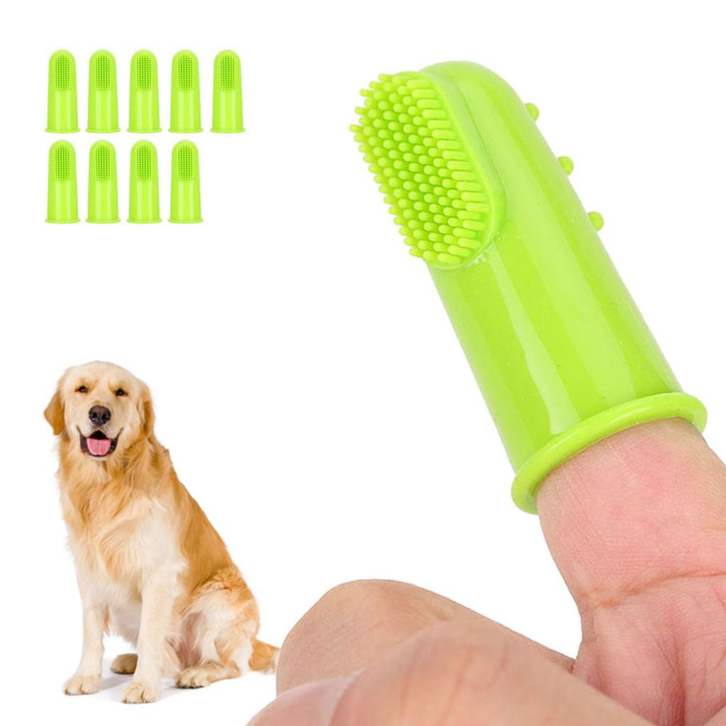 10PCS Silicone Soft Pet Finger Toothbrush Green Teeth Cleaning Tool for Cats DogsGreen