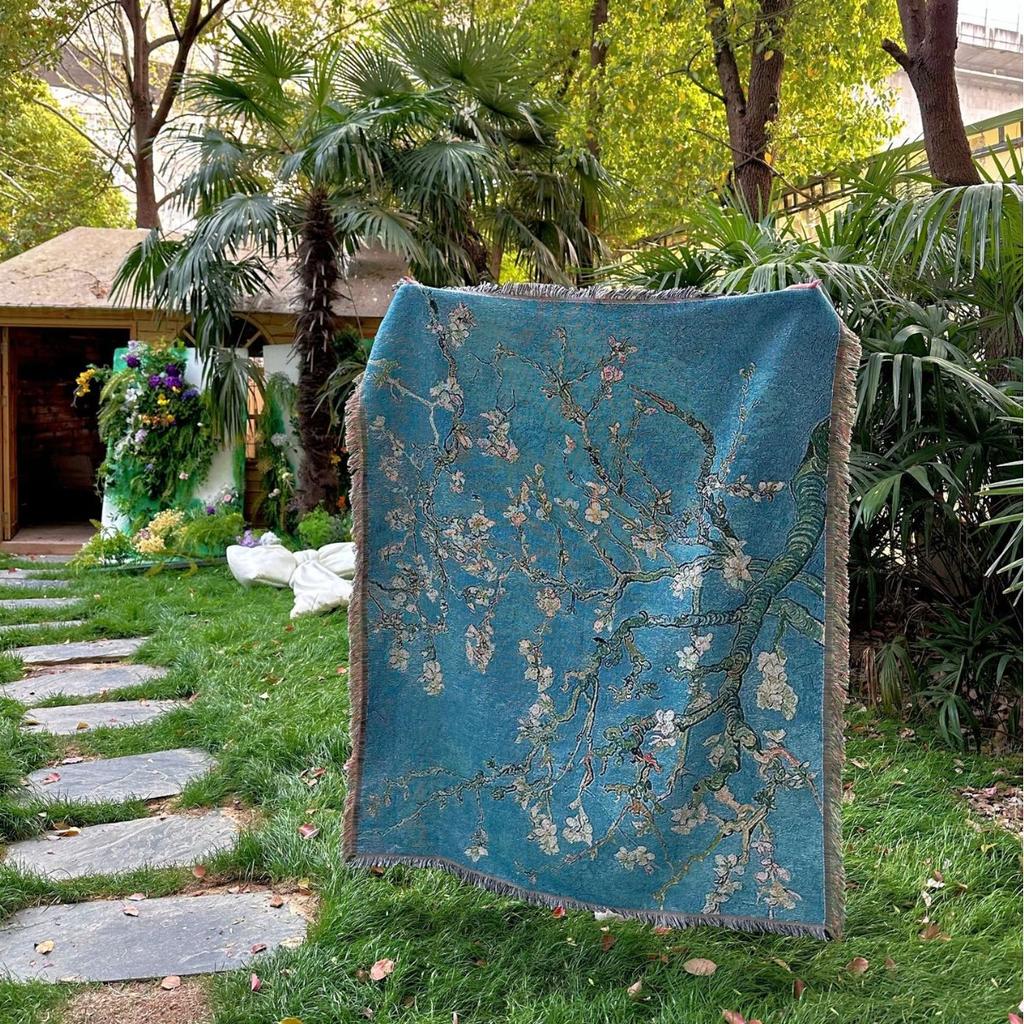 Van Gogh 'Wheatfield' Art Tapestry Oil Painting Style Single Sofa Throw with Fringe Decorative Blanket Leisure Weaving blanket