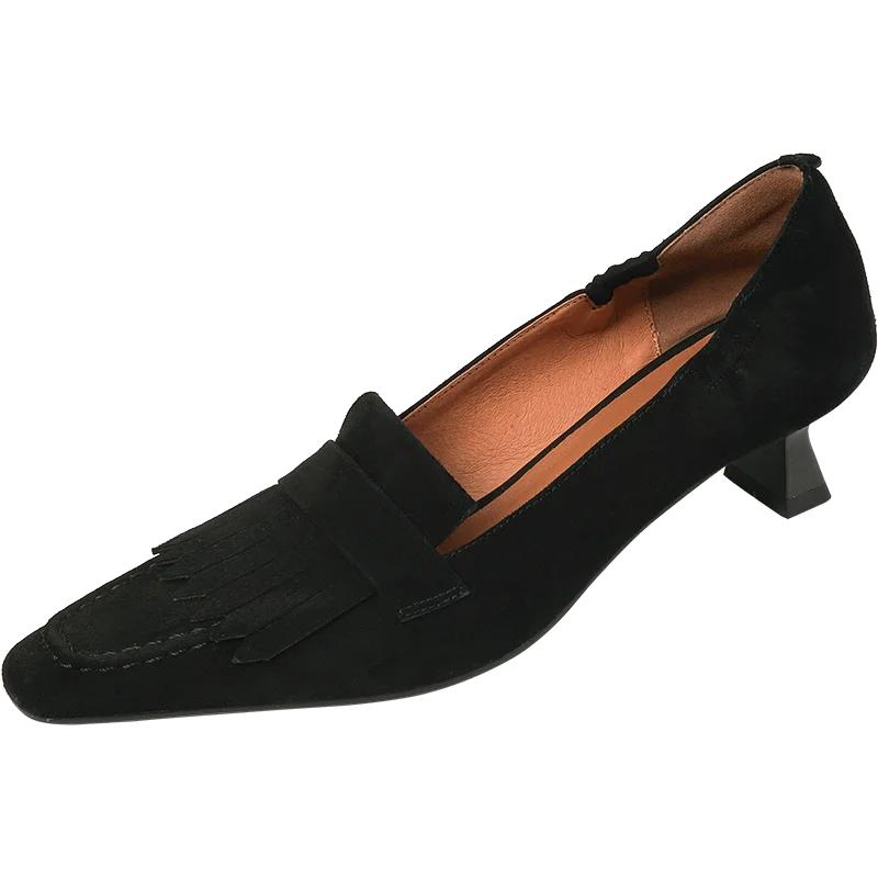 Мода 2025 Весна/Осень Обувь из овчины для женщин Удобные Ретро Женские туфли-лодочки Квадратный носок Каблуки Женская обувь Zapatos De Mujer С кисточками