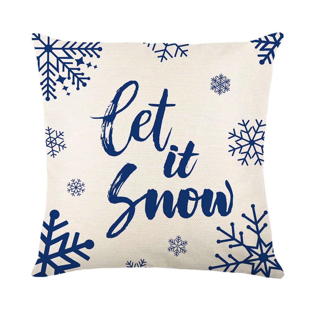 Blue Christmas Ornament Cushion Cover Printed Bear Snowflake Elk Santa Claus Tree Merry Christmas Lettering Linen Pillowcase