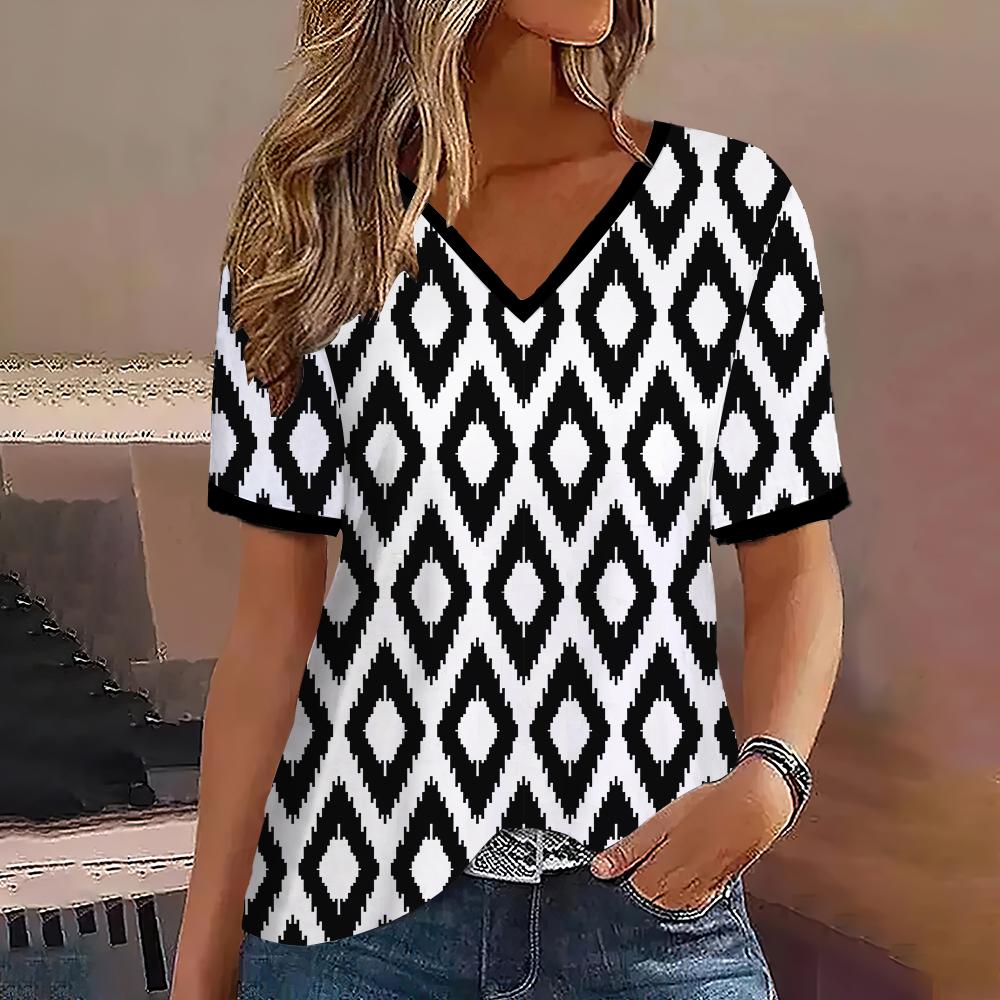 S-8XL Плюс Размер Модная женская футболка с V-образным вырезом и коротким рукавом Футболки Топы Уличная одежда Летний повседневный пуловер Женская одежда больших размеров
