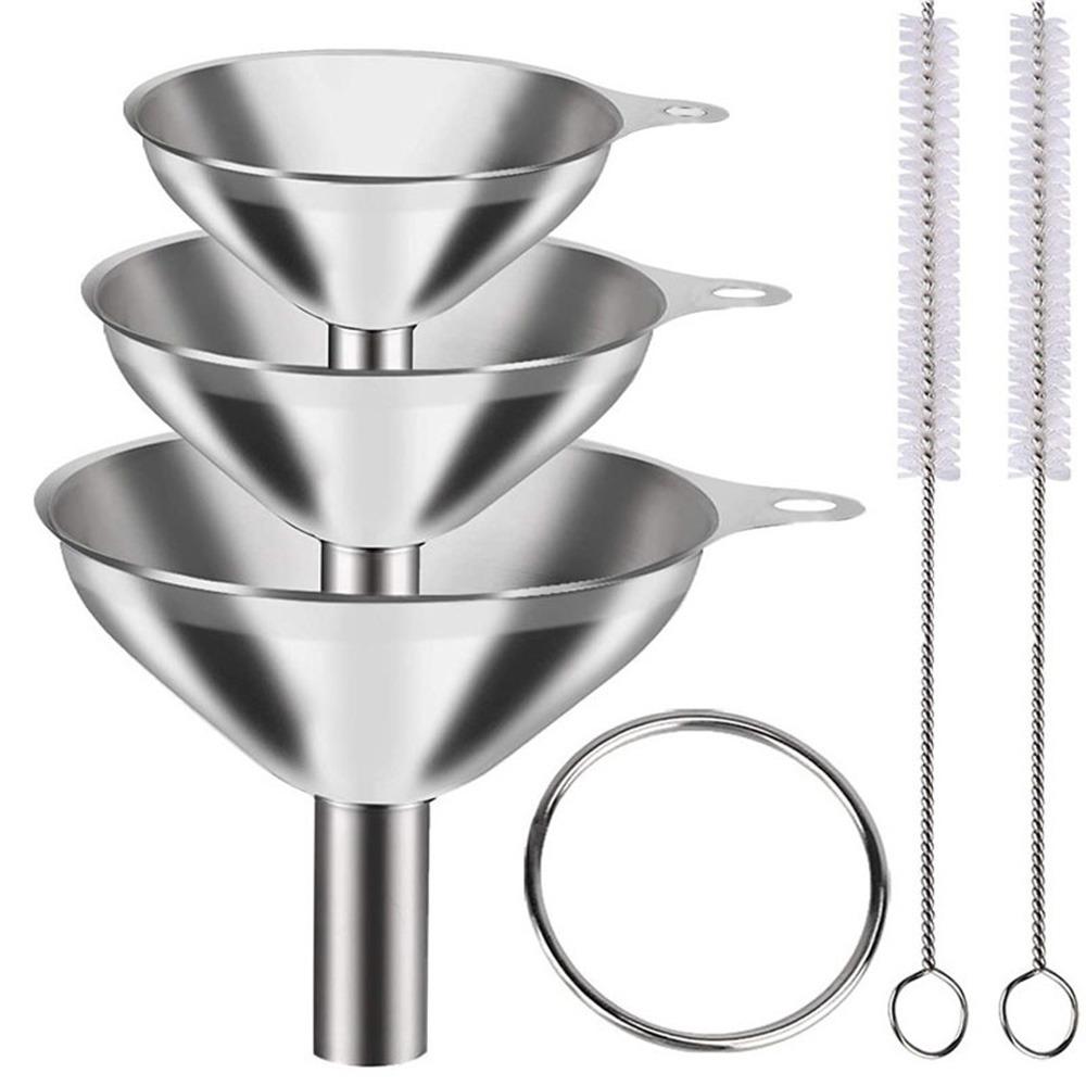 3/5Pcs Stainless Steel Kitchen Funnels Set 3 Sizes Cleaning Brush Optional Liquid Funnel Set Leak-proof Mini Ring