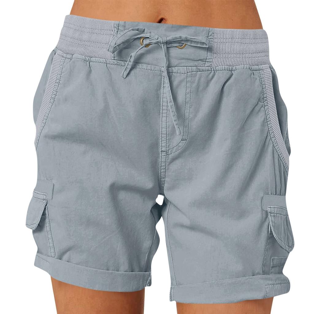 Women's Solid Color Fashionable Pocket Drawstring Casual Workwear Pants Loose Elastic Waist Shorts