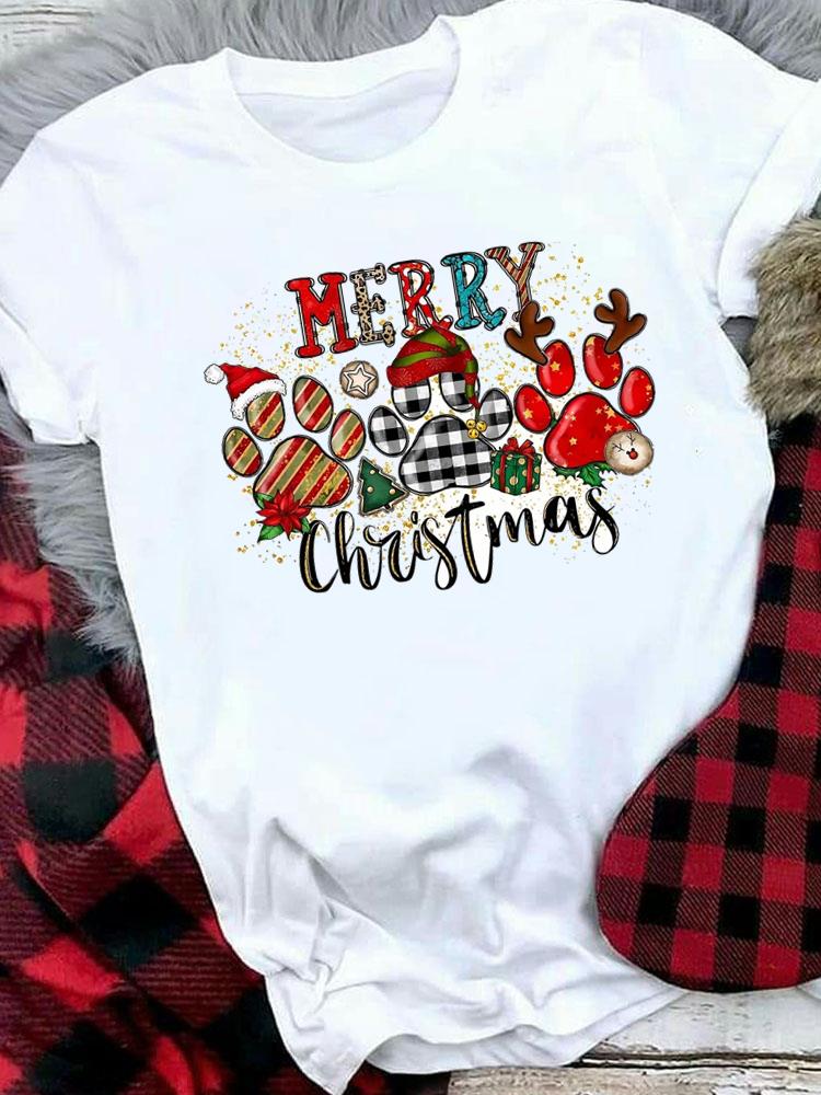 (Азиатский размер) Женская праздничная футболка с принтом, топ для фестиваля, С Рождеством, С Новым годом, с надписью, милая, в стиле 90-х, повседневная, женская, с коротким рукавом, модная, с графическим принтом