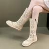 Fashion Fashion Mesh Tall Cold Boots Women's Summer Round Toe Side Zipper Thin Cutout Cotton and Hemp Style Low Heel Boots