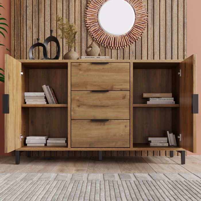 Commode, avec 2 portes + 3 tiroirs + étagères réglables, pour chambre, adapté à la chambre, salle à manger et salon, chêne