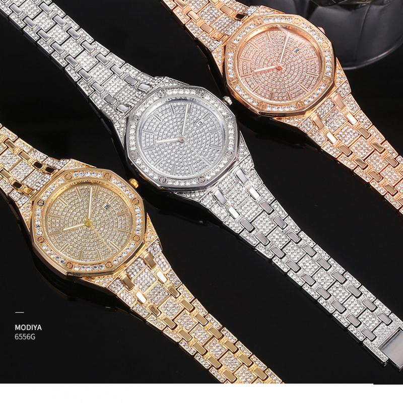 Luxury Men's Quartz Watch Diamond Encrusted Casual Male Business Wristwatch Alloy Steel Band Starry Sky Dial Calendar Function