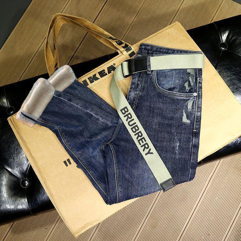 2024Новые флисовые подбитые джинсы мужские осенне-зимние повседневные выцветшие универсальные эластичные облегающие зауженные брюки мужской модный бренд