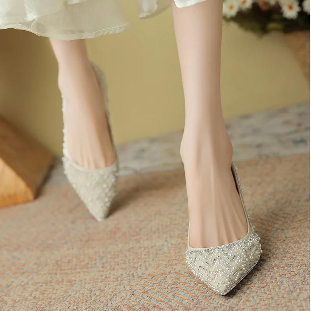 Свадебные туфли невесты Одинарные туфли Новые водные бриллиантовые жемчужные туфли Шоу свадебные туфли на высоком каблуке Высокие каблуки Премиум-туфли для подружек невесты