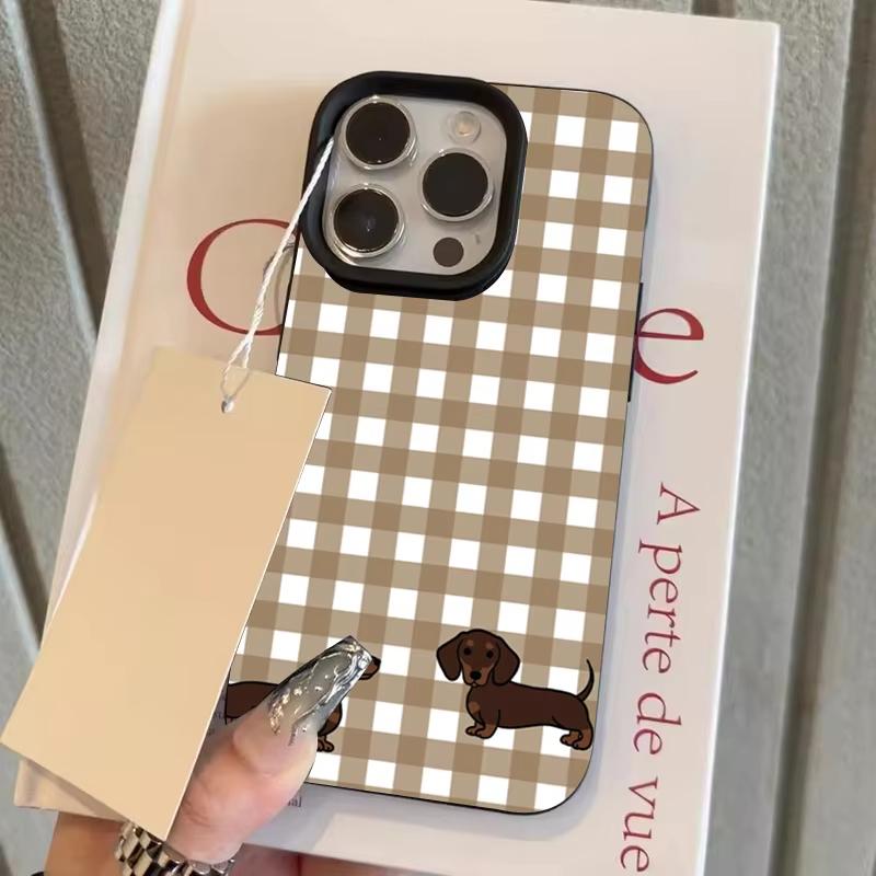 Клетчатый чехол для телефона с текстурой личи и изображением таксы для iPhone 17 Air 16 e 15 14 13 12 11 Pro Max Plus SE Мягкий чехол