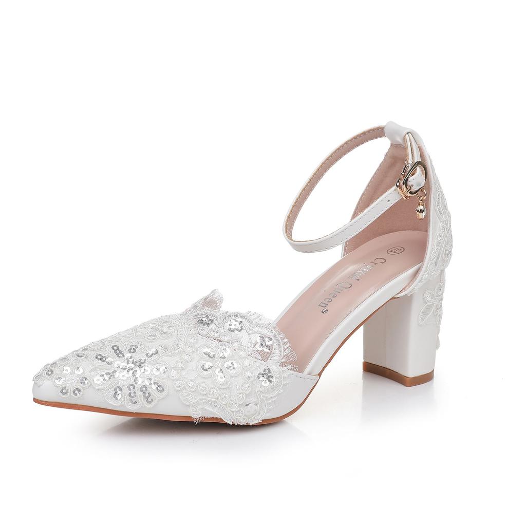 Women Flower Sandals Pointed Toe Pumps Dress Party Square High Heels White Lace Sequin Weding Shoes