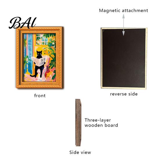 Decorative Frames for Office Whiteboards Cute Cat Magnetic Fridge Magnet, Vintage Wooden Picture Frame, Fun Photo Display Small Pictures Scene