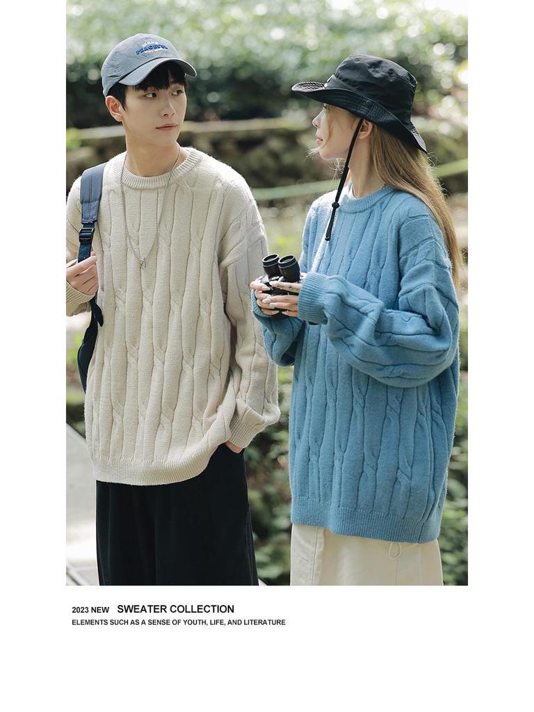2026 Youth Japanese Style Chunky Knit Loose Sweater for Men - Autumn/Winter Long Sleeve Round Neck Trendy Couple Knitwear