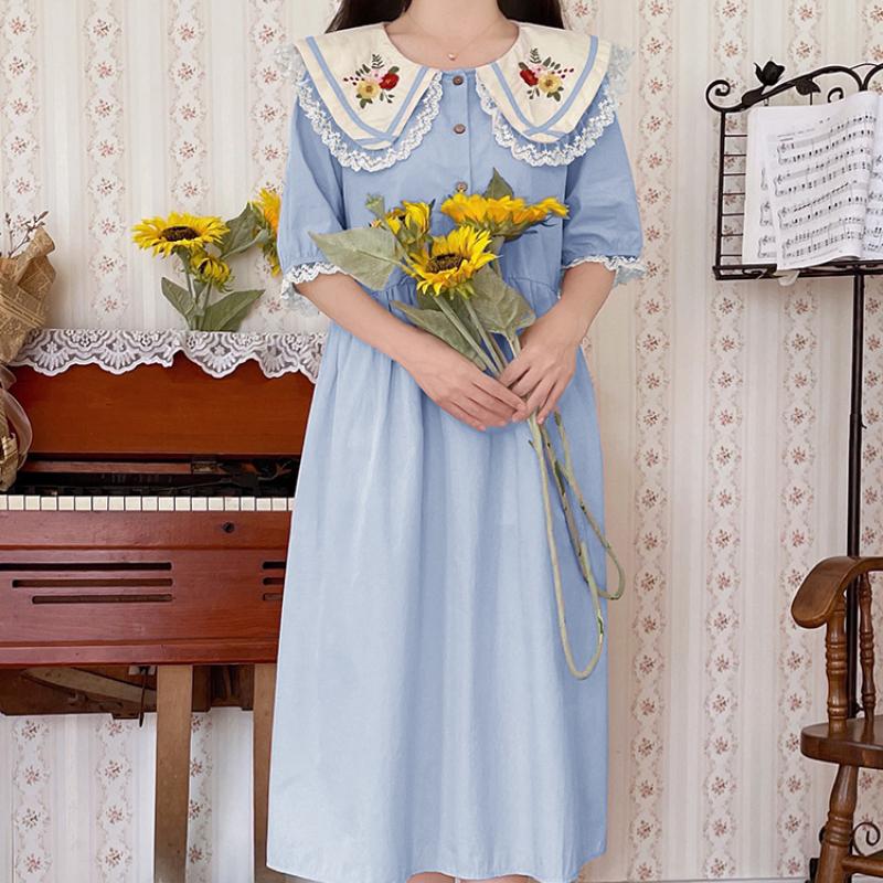 Японское летнее женское милое платье Mori Girl с воротником Питера Пэна, розовое, синее платье с цветочной вышивкой, милые платья Kawaii с кружевными оборками
