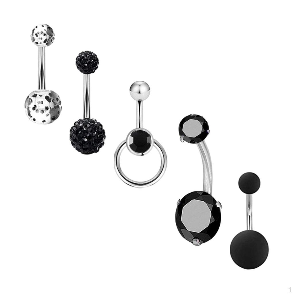 5 Pieces Belly Button Rings Navel Barbell 10mm Short Fashion Stainless Steel Zircon 1.6mm for Women