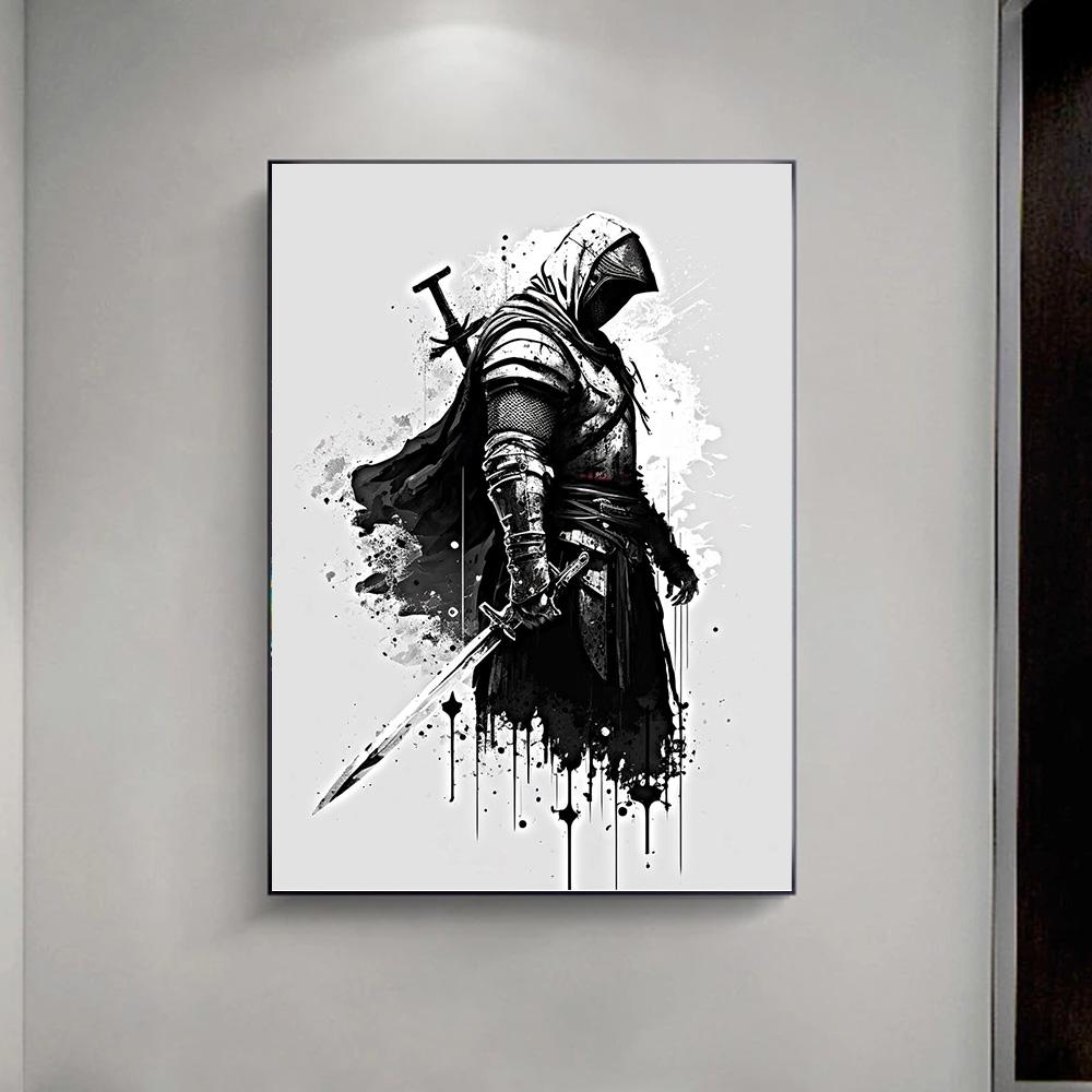 Винтажный абстрактный минималистичный рыцарь-убийца, чернильная стирка, художественная картина на холсте, настенный постер, принты, фотографии для гостиной, спальни, декор