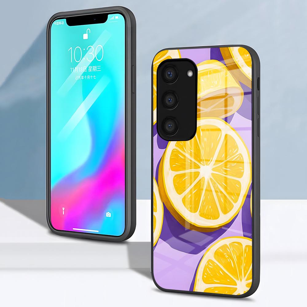 Фруктовый чехол-лимон для телефона Samsung S26 S25 S24 FE S23 S22 S21 Plus S20 Ultra Note20Ultra Черная стеклянная крышка