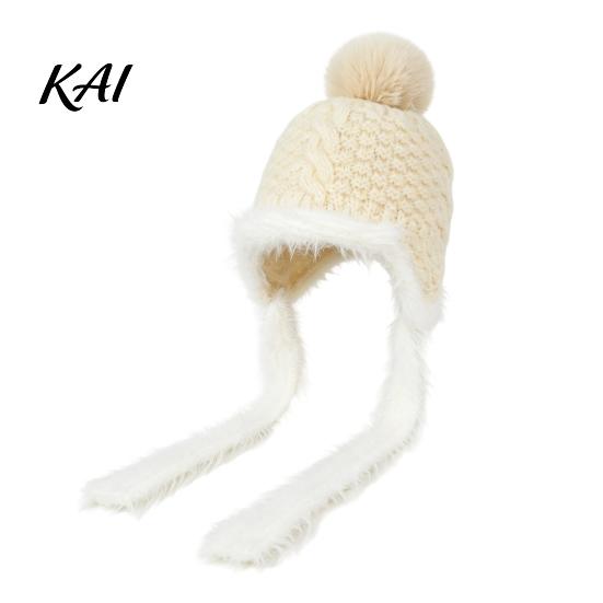 Ear Warmer Hat for Cycling Women Knitted Earflap Hat, Fuzzy Trim Pompom Soft Warm Protection Cap Winter Knit Outdoor Cycling, Cold Weather Daily Wear
