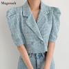 Summer Autumn Vintage Woman Jacket Suit Collar Puff Short Sleeve Plaid Women Coats Jackets Crop Top Female Jackets Shirts 15497