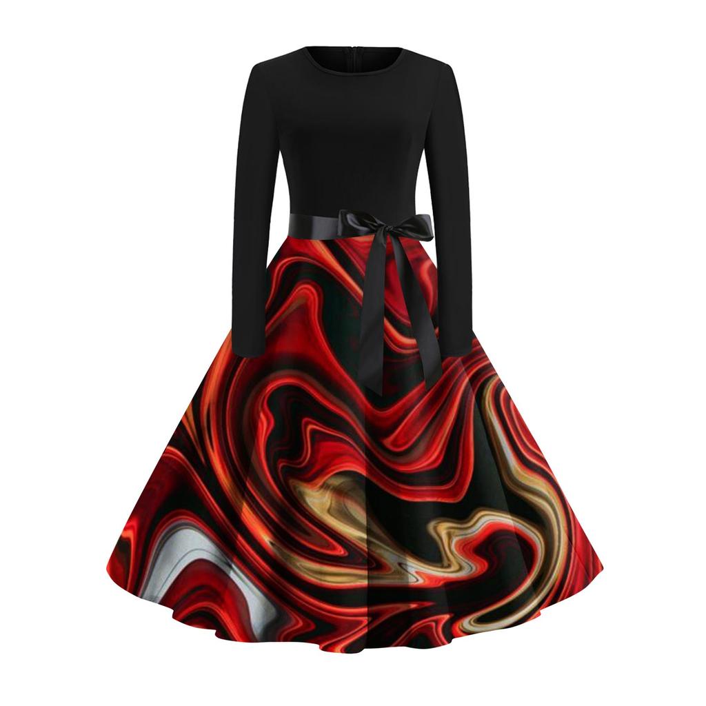 Женское расклешенное платье с принтом для женщин, платье с длинным рукавом, вечерние повседневные платья