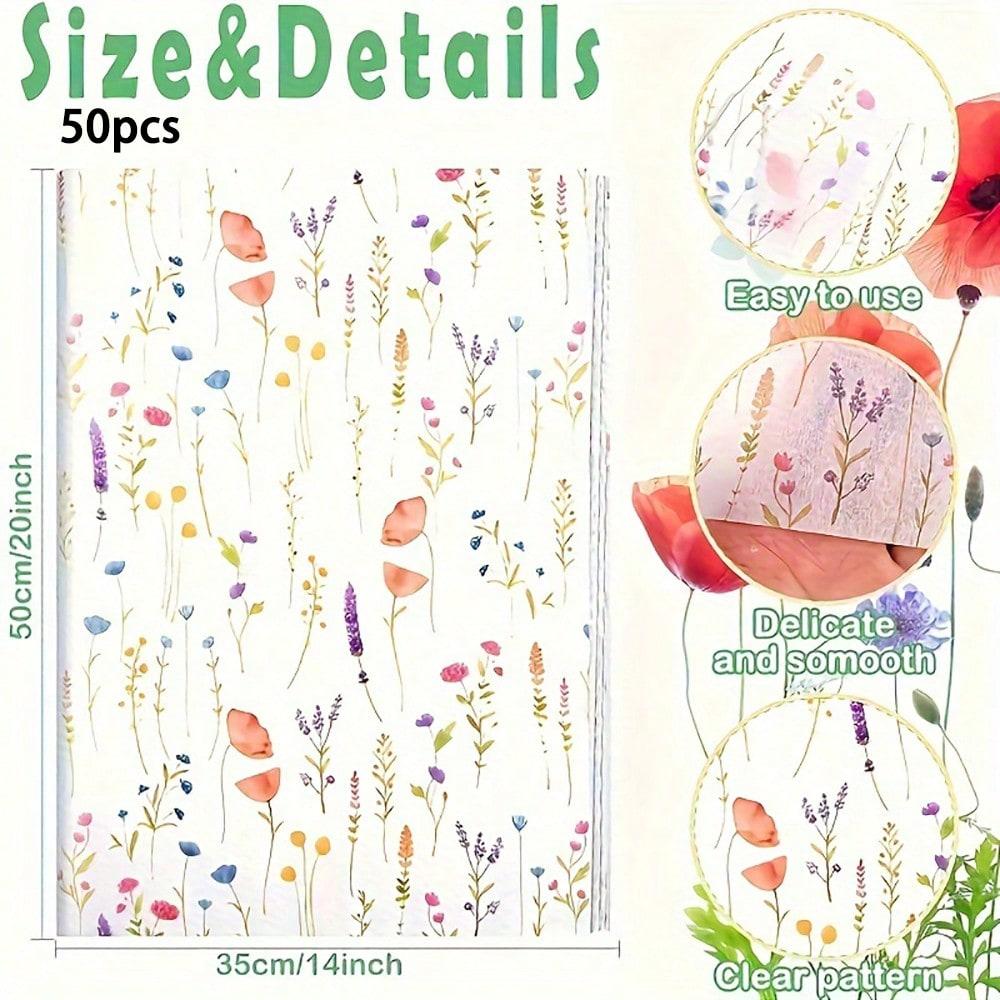 50sheets Lavender Wrapping Paper, Wildflower Printed Art Deco Tissue Paper For Wedding Gifts Engagement Packaging