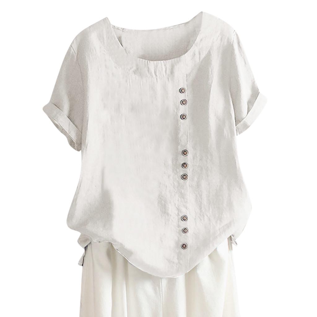 Plus Size Womens Casual Loose Tops Button Linen Daily Boho Tunic T-shirt Short Sleeve Blouse
