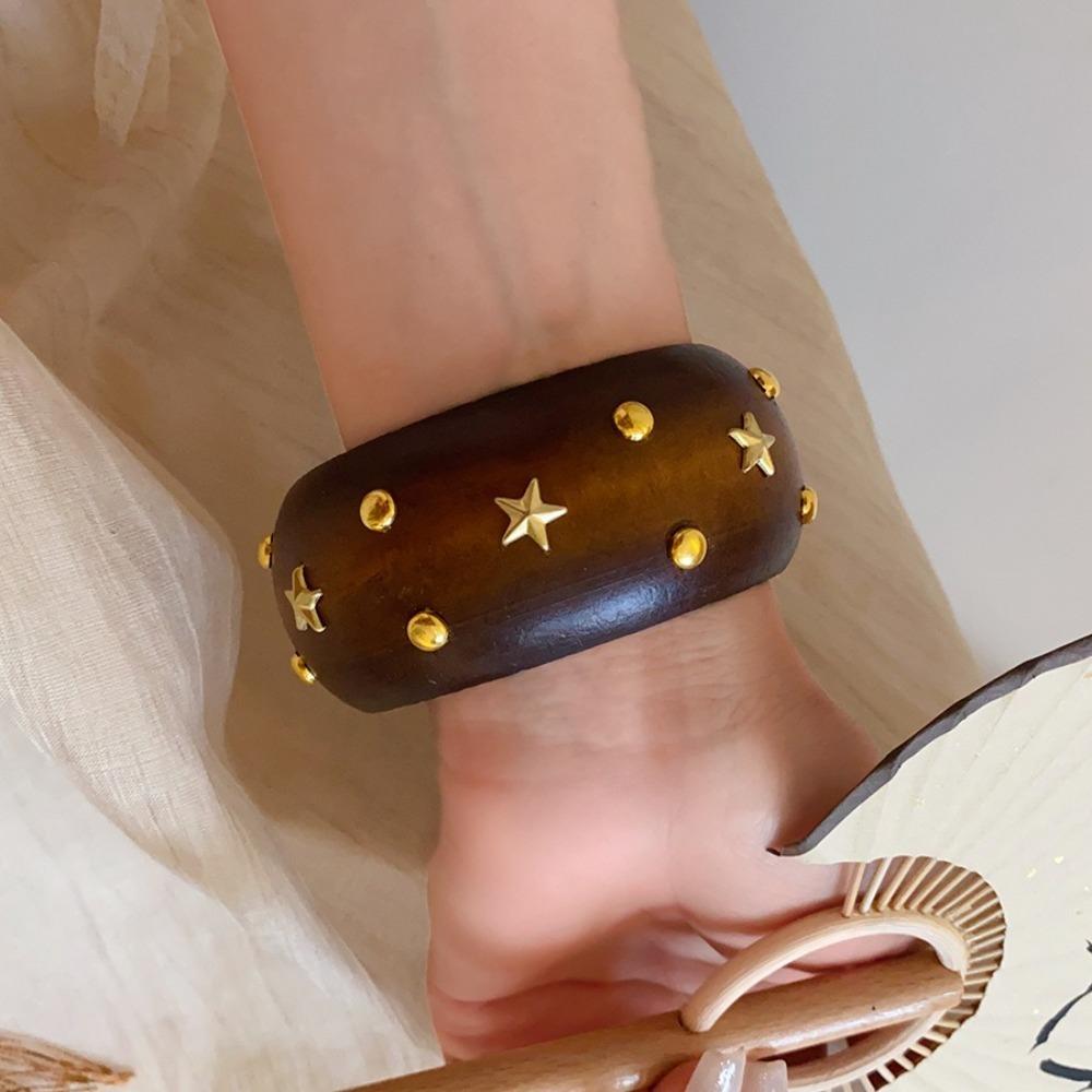 Круглый браслет в китайском стиле Панк-браслет с заклепками Винтажный деревянный браслет Девушка-перчинка