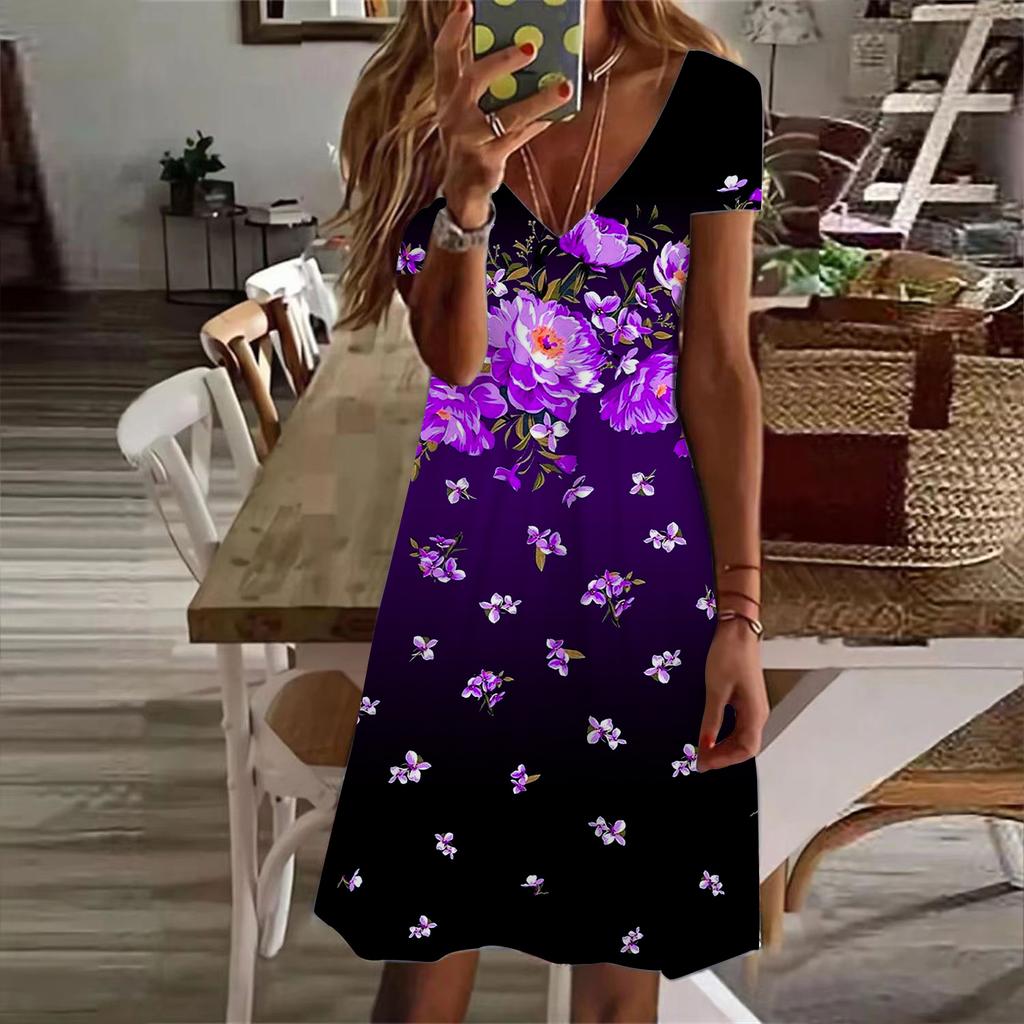 Summer Fashion Women's V Neck Short Sleeve Blue Pear Blossom Printed Dress Sex Dress