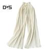 Женские брюки, эластичные брюки с высокой талией, регулируемый шнурок, плиссированные стильные широкие брюки, однотонные повседневные брюки