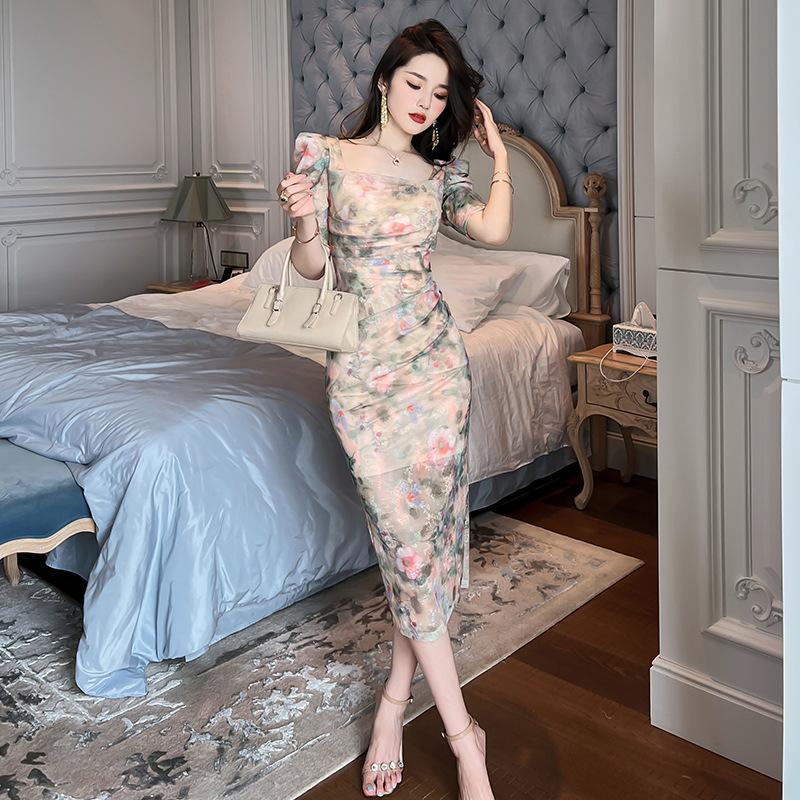 GMXIA Летняя женская одежда, французское ретро-платье с квадратным воротником, тонкое платье с цветочным принтом, юбка для перерыва на чай