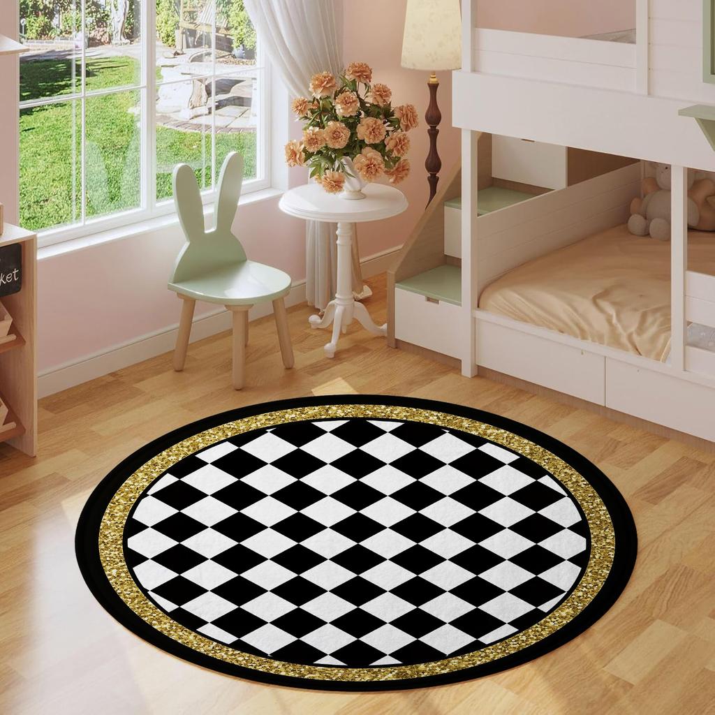 Black  White Checkerboard Round Rug with Gold Trim, Modern Geometric Non-Slip Floor Mat for Entryway  Living Room