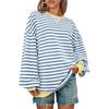 Women's Oversized Striped Color Blocking Long Sleeved Round Neck Sports Shirt Casual Loose Fitting Pullover Shirt Top