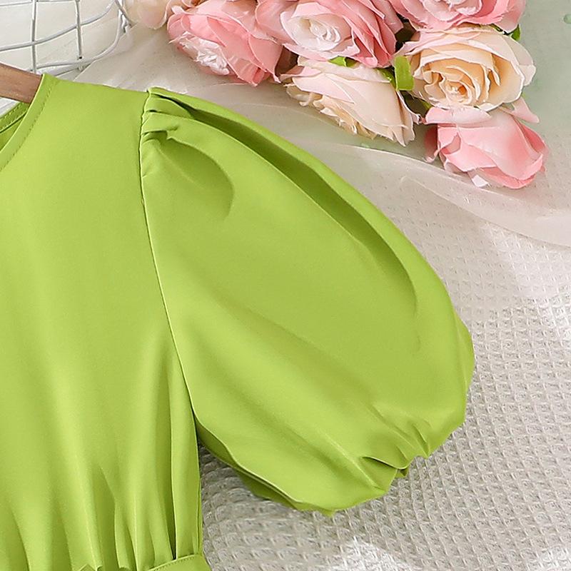 Платья для девочек 7-12 лет, летнее новое длинное платье, темпераментная талия, модная юбка-фонарик с широкими рукавами и широкими качелями