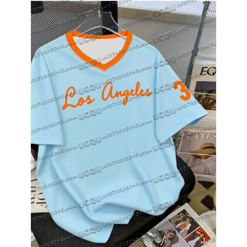 Summer Fashionable NO.35 Print Los Angeles V-Neck Women's Basic T-Shirt Loose and Comfortable Short Sleeve T-shirt Tops Tee