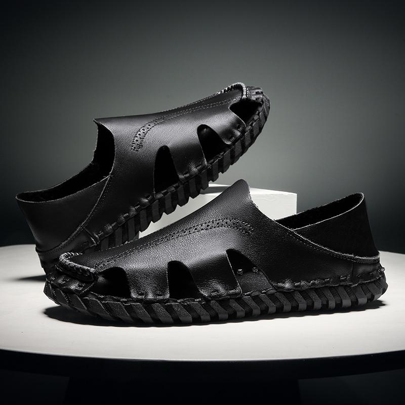 Сандалии мужские из натуральной кожи, прочные, ручной работы, пляжная обувь, противоударный носок, мужские летние туфли на плоской подошве, нескользящие, для дома и улицы