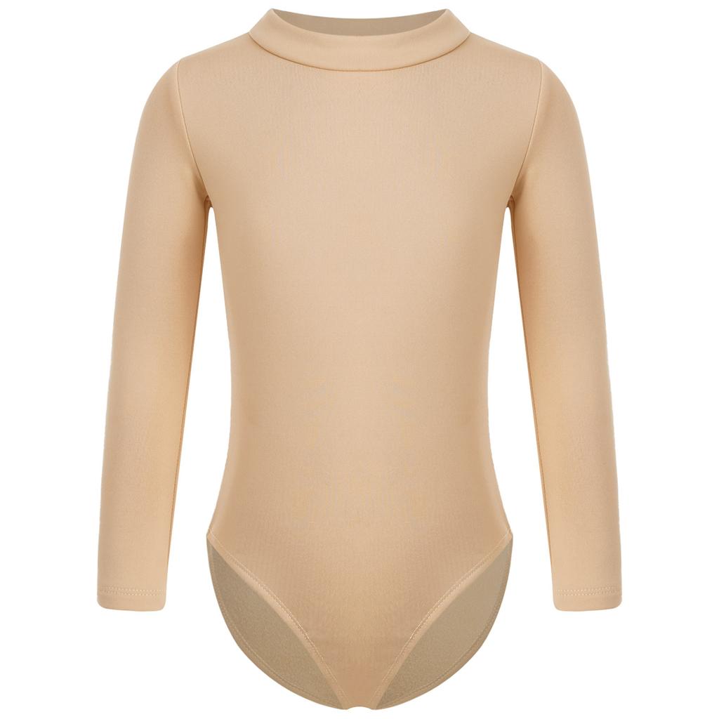 Nude Kids Girls Fleece Long Sleeve Leotard Solid Color Bodysuit Gymnastics Ballet Dance Training Costume