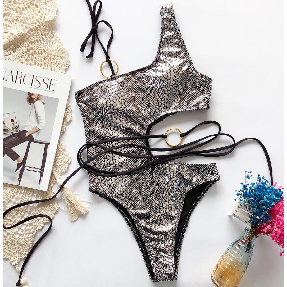 Золотой комплект бикини, купальник, женский купальный костюм со змеиным принтом, сексуальные купальники с кольцами, бикини с высоким вырезом, пляжная одежда со змеиным принтом