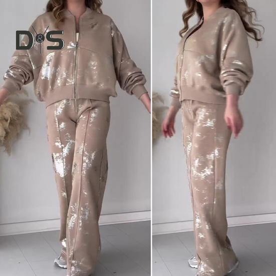 2 шт./компл. женский костюм с воротником-стойкой на молнии с длинными рукавами эластичные манжеты с блестками пальто с эластичной резинкой на талии толстые широкие брюки осенне-зимний спортивный костюм