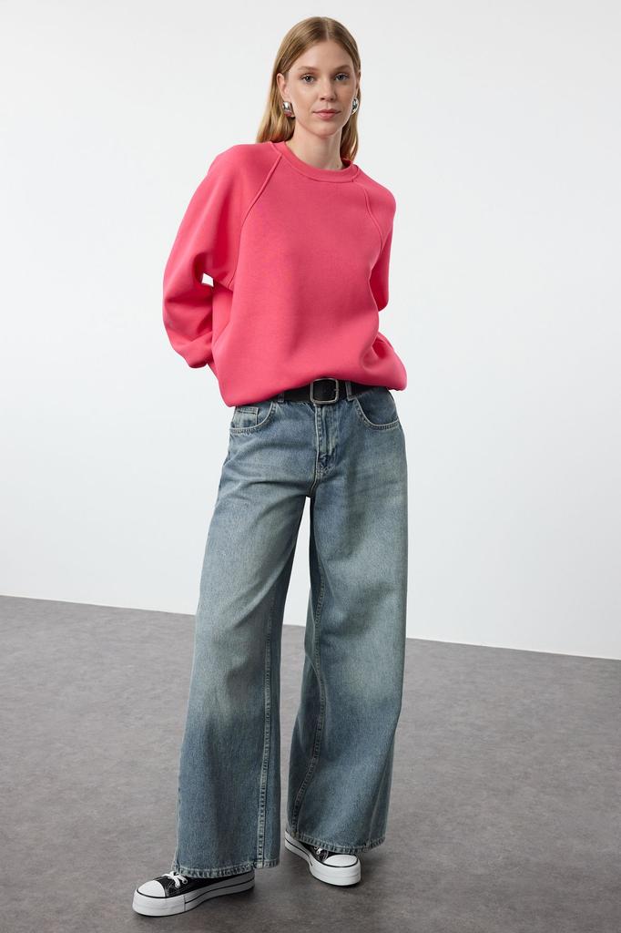 Женская модная стильная толстовка изумрудно-зеленого цвета, свободная удобная посадка, базовый вязаный свитшот с рукавами реглан и круглым вырезом