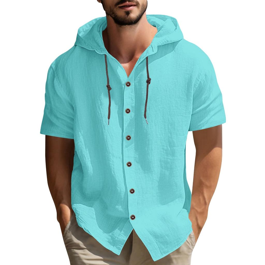 Men's Solid Color Casual Short Sleeved Shirt With Hood And Drawstring Cotton And Linen Cardigan