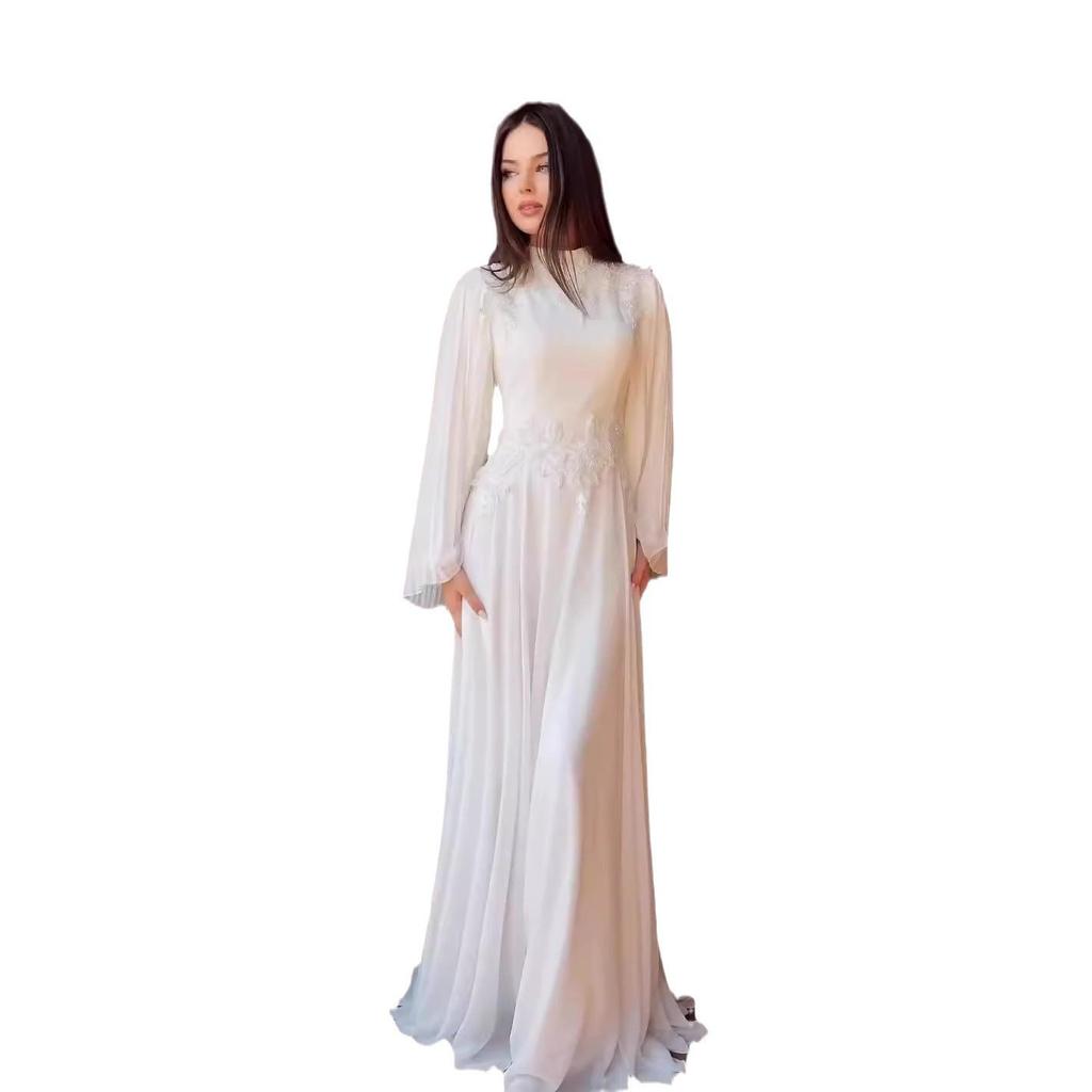 2024 Elegant Women's Solid Color Long Sleeve Maxi Dress with Heavy Embroidery and Semi-High Neck