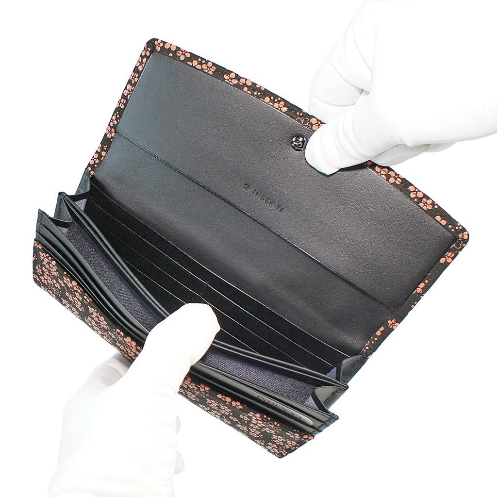 Inden Long Bundle Large Black Background X Pink Pattern [Indenya] Wallet, S, Capacity, Deerskin, Lacquer, Forget-me-not 2310-51-181