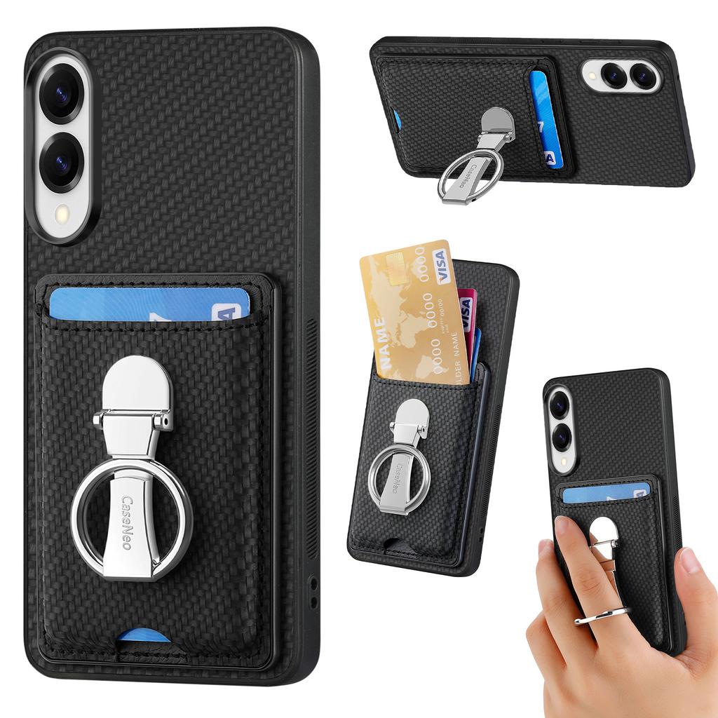 For Samsung Galaxy S25 Edge Leather Phone Back Cover with Kickstand and Card Slots Carbon Fiber Texture