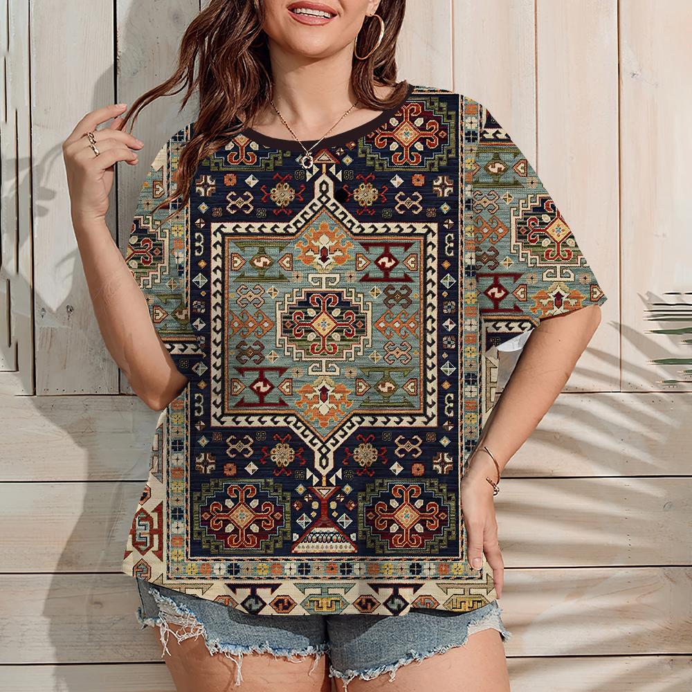 Ethnic T-shirt Women's Short Sleeve Retro Harajuku Wind Geometric Printing Summer Outdoor Casual Tops OverSize Women's Clothing