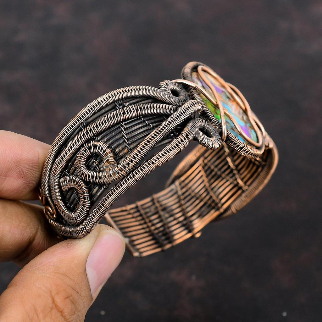 Мультимедный бирюзовый браслет, браслет-манжета из медной проволоки, браслет-манжета из настоящего драгоценного камня, регулируемый браслет-манжета, ювелирное изделие ручной работы, подарок для нее