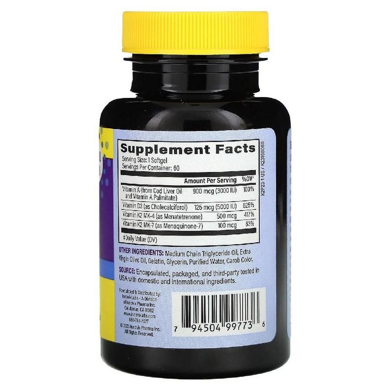 Inovics Labs Vitamin D3 K2 Menaquinone Vitamin A Cholecalciferol MK7 60 Tablets
