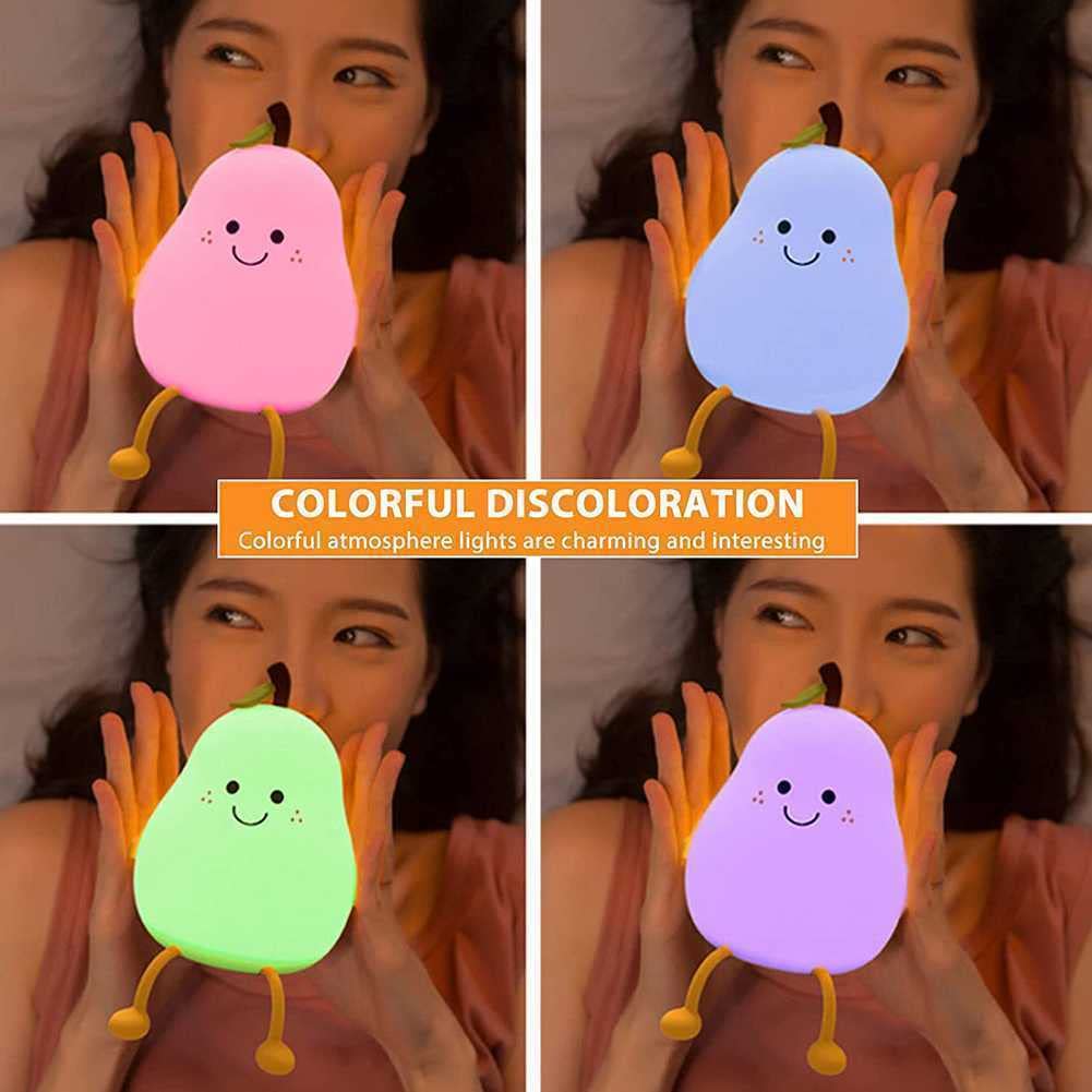 Night Lights for Kids Pear Shaped Cute Silicone Nightlight 7 Colors Dimmable Lamp USB Charging for Bedroom Bedside Room
