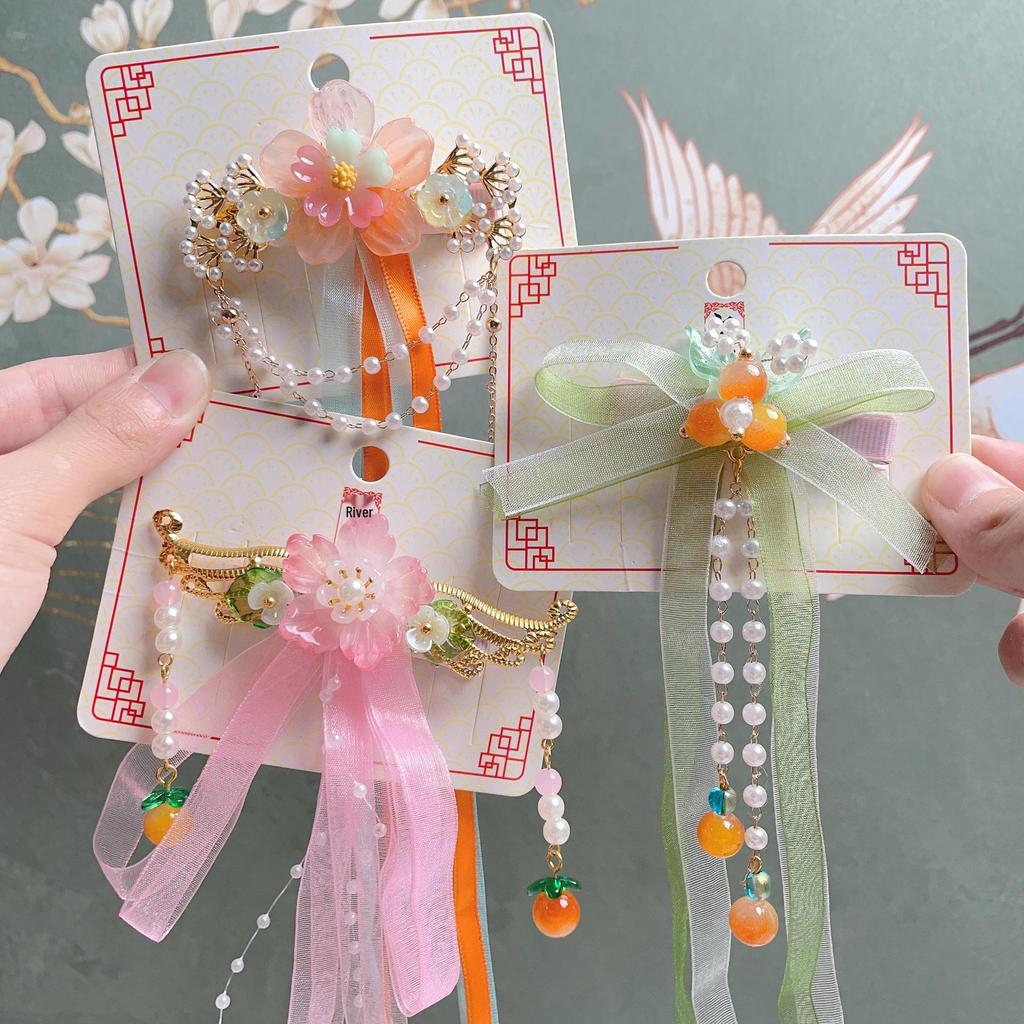 Hanchen Ancient Style Hair Accessories for Girls - Tassel Hairpin, Hanfu Ribbon Clip, Princess Duckbill Clip