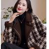 Women's Winter Slim-Fit Contrast Collar Faux Shearling Plaid Jacket Chic Short-Length Blazer with Suit Collar