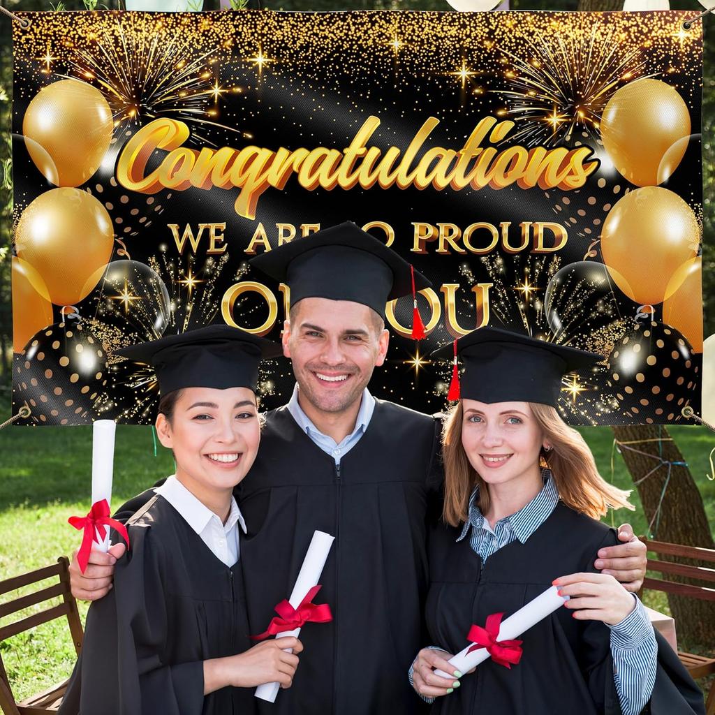 Congratulations Banner for Prom - Congratulations Decorations - Well Done - We Are So Proud of You - 5x3ft (Black and Gold)